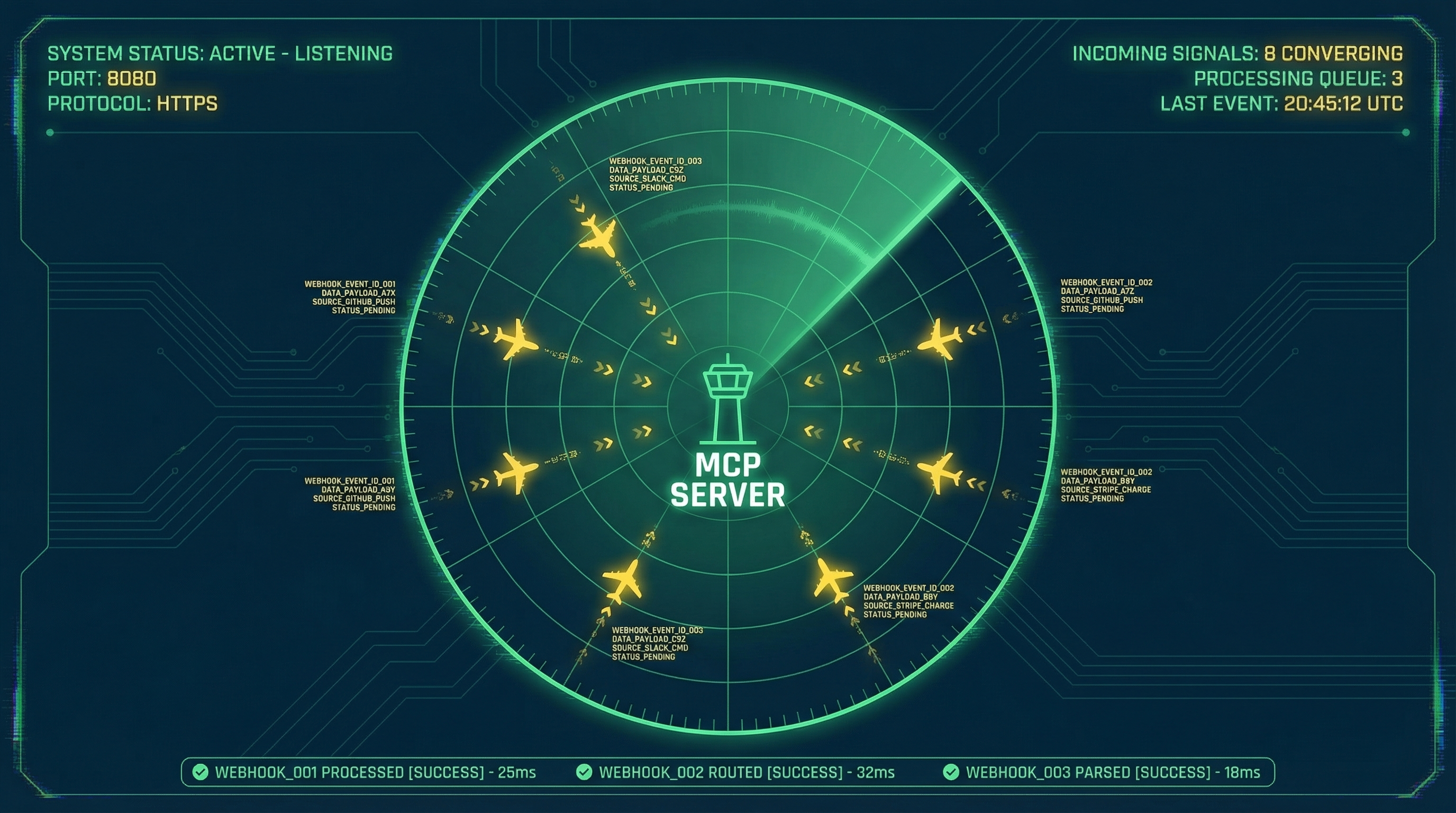 An MCP server exposing a webhook tool that lets an AI agent register an endpoint and receive async events from external systems