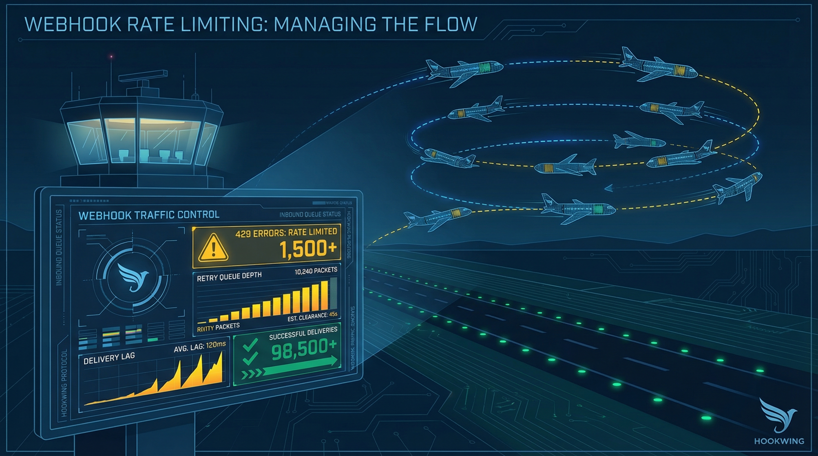 Webhook traffic flowing through a rate limiter with a queue buffer absorbing burst load